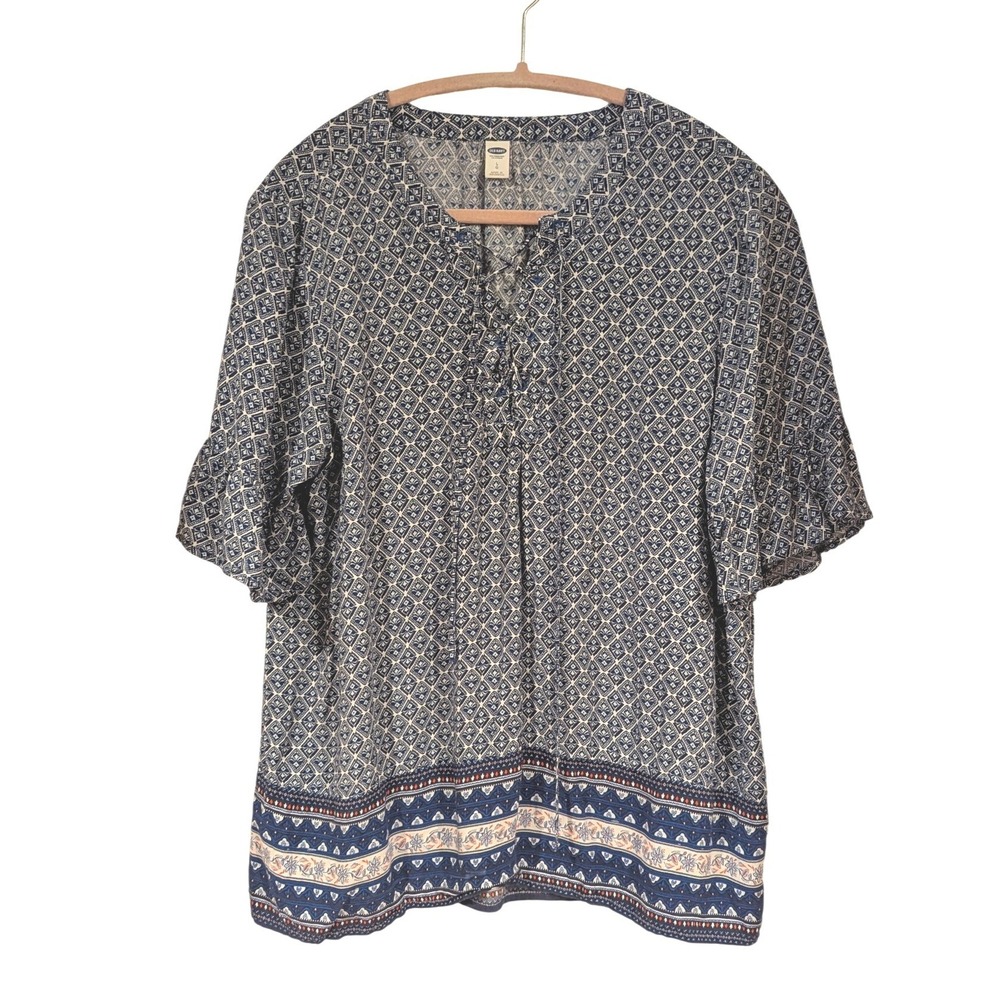 Old Navy Blue Geometric Lace Up Peasant Blouse Short Flutter Sleeve Large